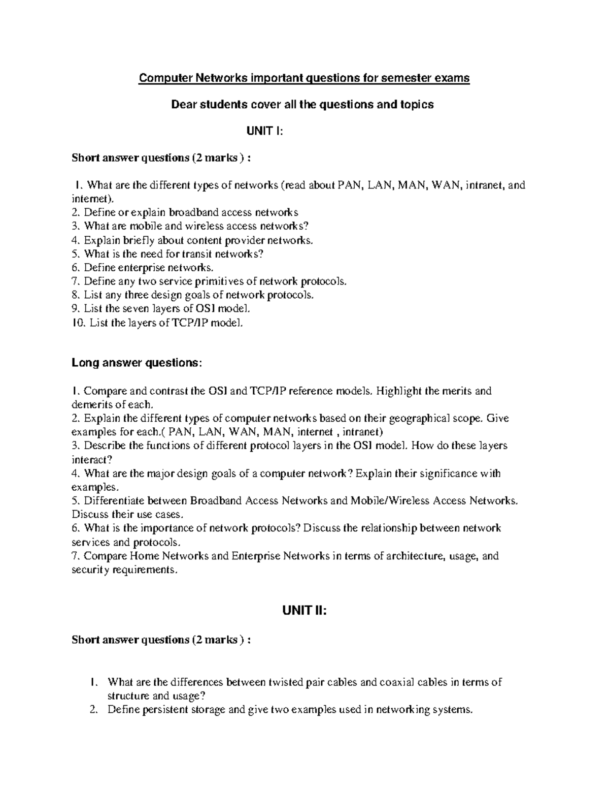 Computer Networks (CS101) Question Bank for Semester Exams - Studocu