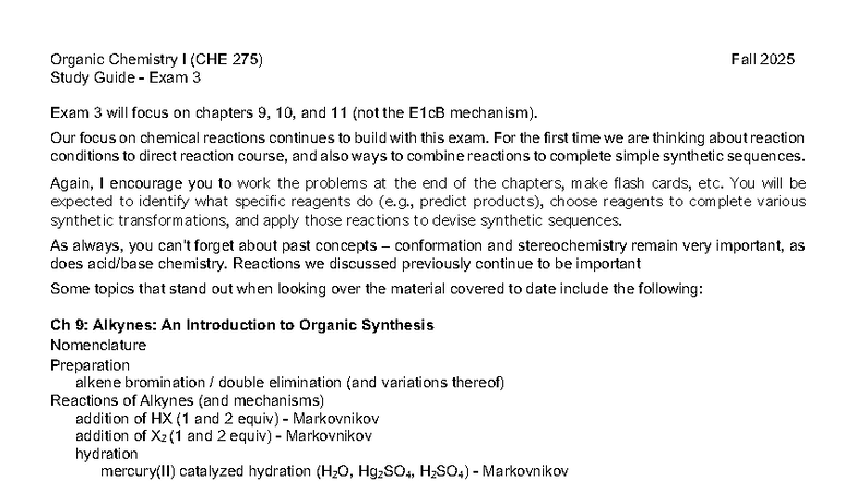 Organic Chemistry I (CHE 275) Study Guide - Exam 3: Ch 9-11 Focus - Studocu