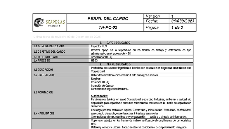 PERFIL DEL CARGO: Inspector HES - Funciones y Responsabilidades - Studocu