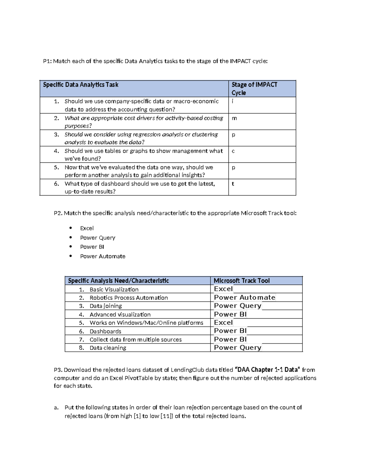 Chapter 1 Specific Data Analytics Task - P1: Match each of the specific ...