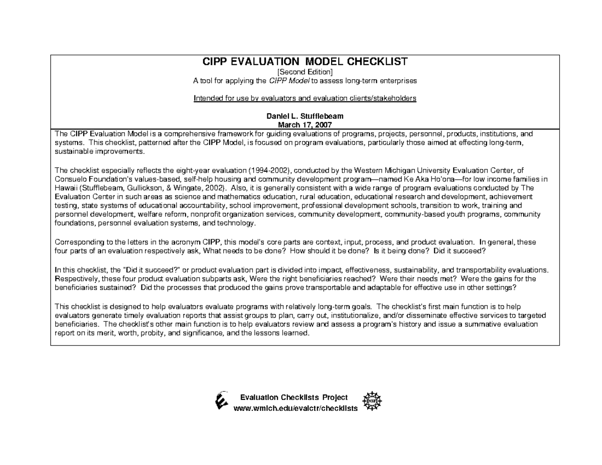 CIPP Evaluation Model Checklist for Long-Term Program Assessments - Studocu