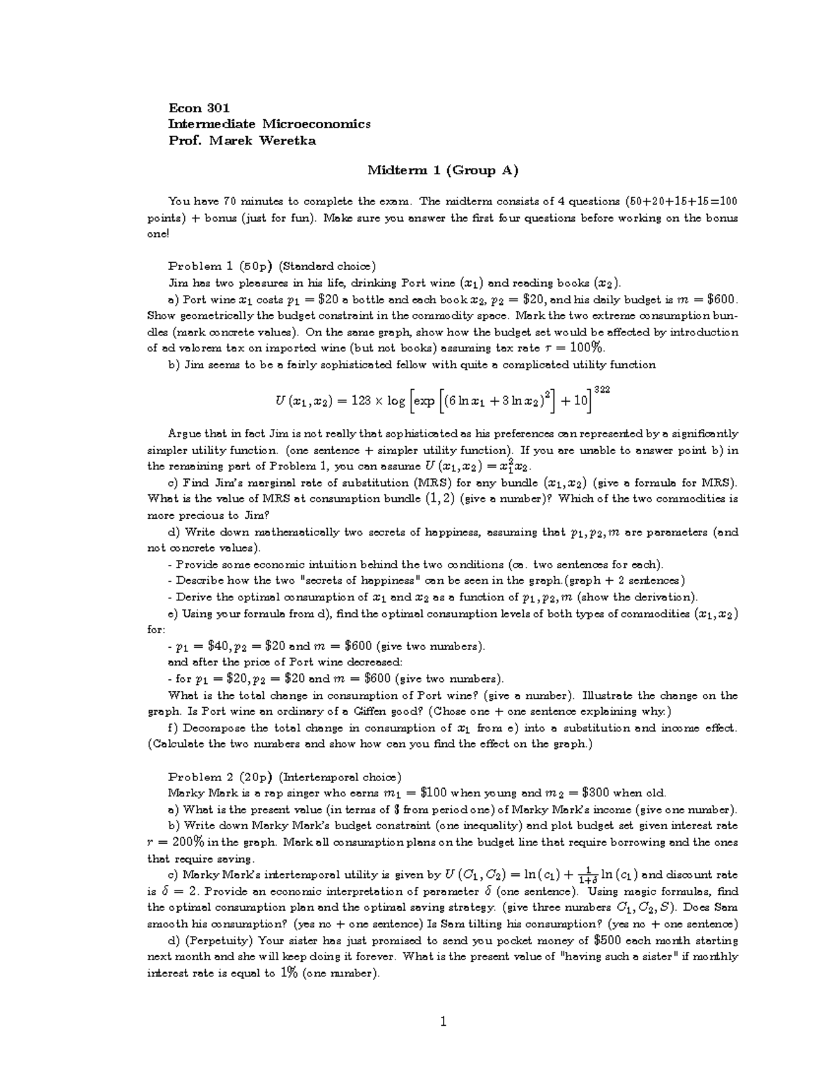 Sample/practice exam 3 April 2012, questions and answers - Econ 301 ...