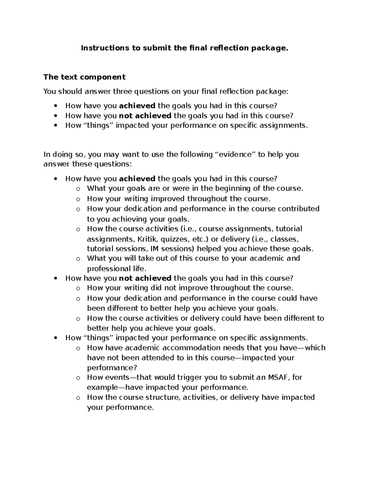 Final Reflection Package Submission Instructions (Course Code) - Studocu