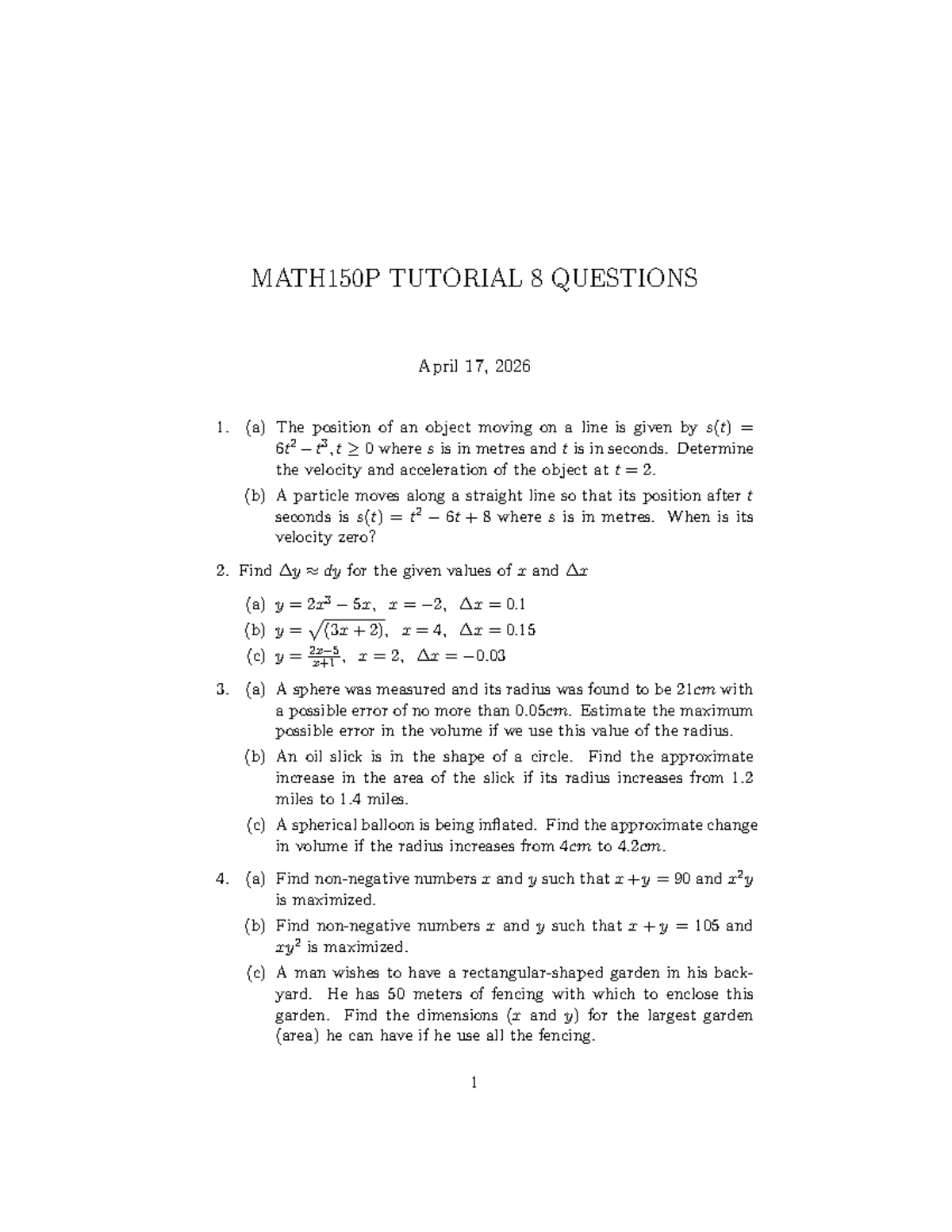 MATH150P Tutorial 8 Questions and Solutions - April 2026 - Studocu