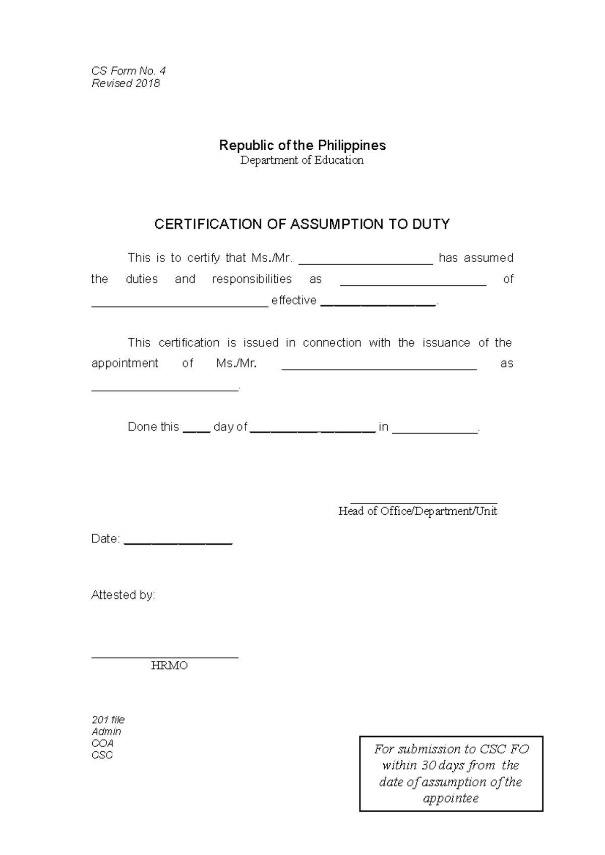 CSC4 Certification of Assumption to Duty - CS Form No. 4 Revised 2018 ...