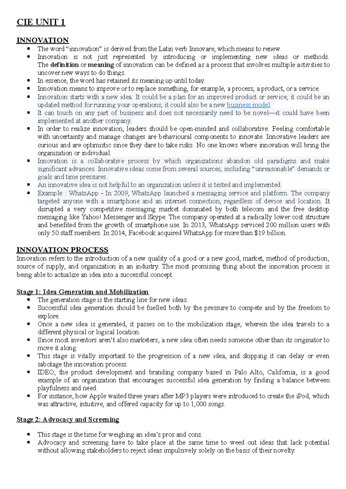 CIE UNIT 1: Comprehensive Notes on Innovation Processes and Importance ...