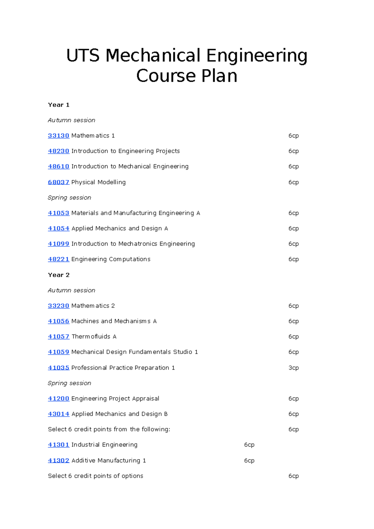UTS Mechanical Engineering Study Plan: Course Structure Overview - Studocu