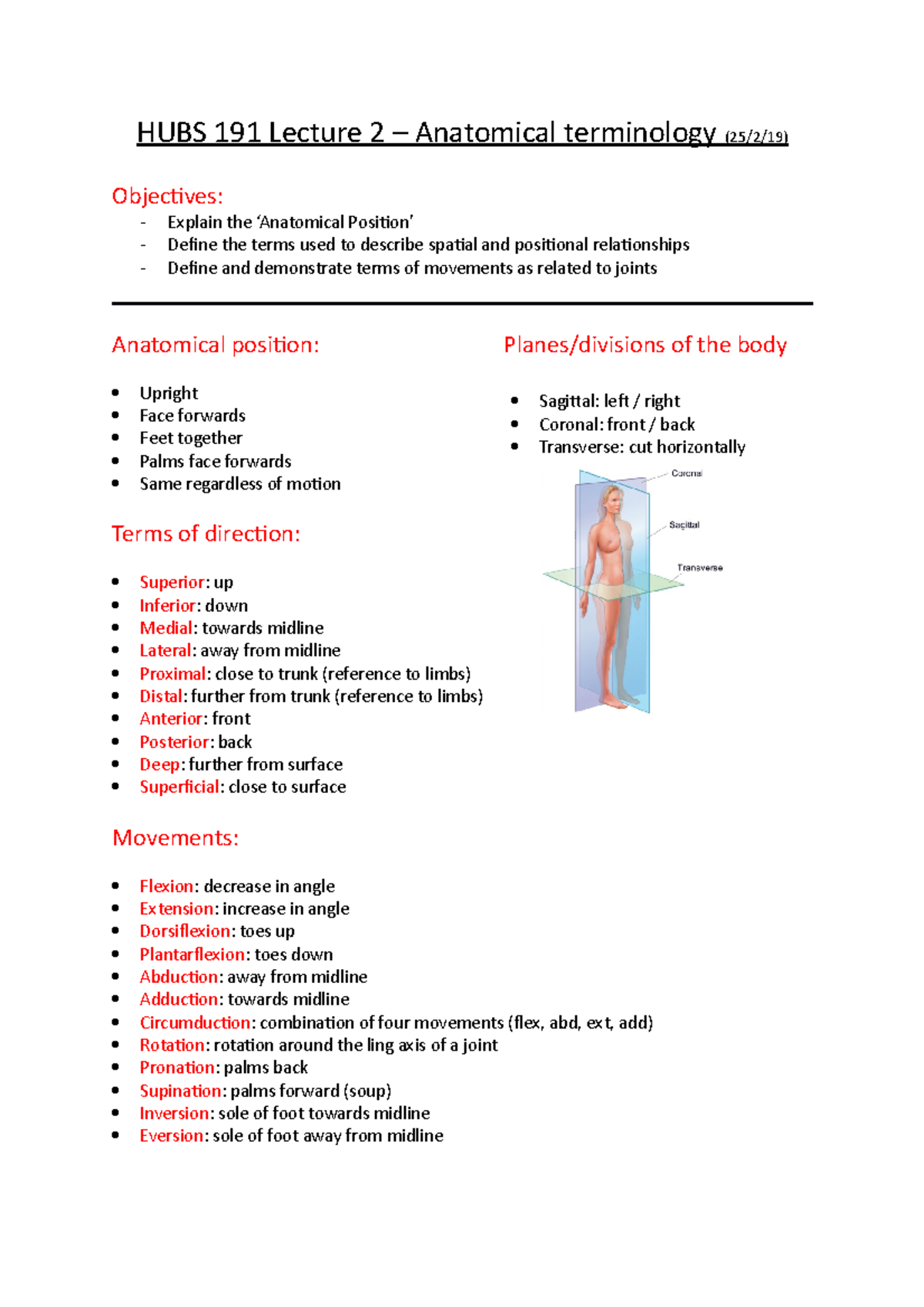 HUBS 191 Lecture 2 - Anatomical Terminology and Movement Concepts - Studocu