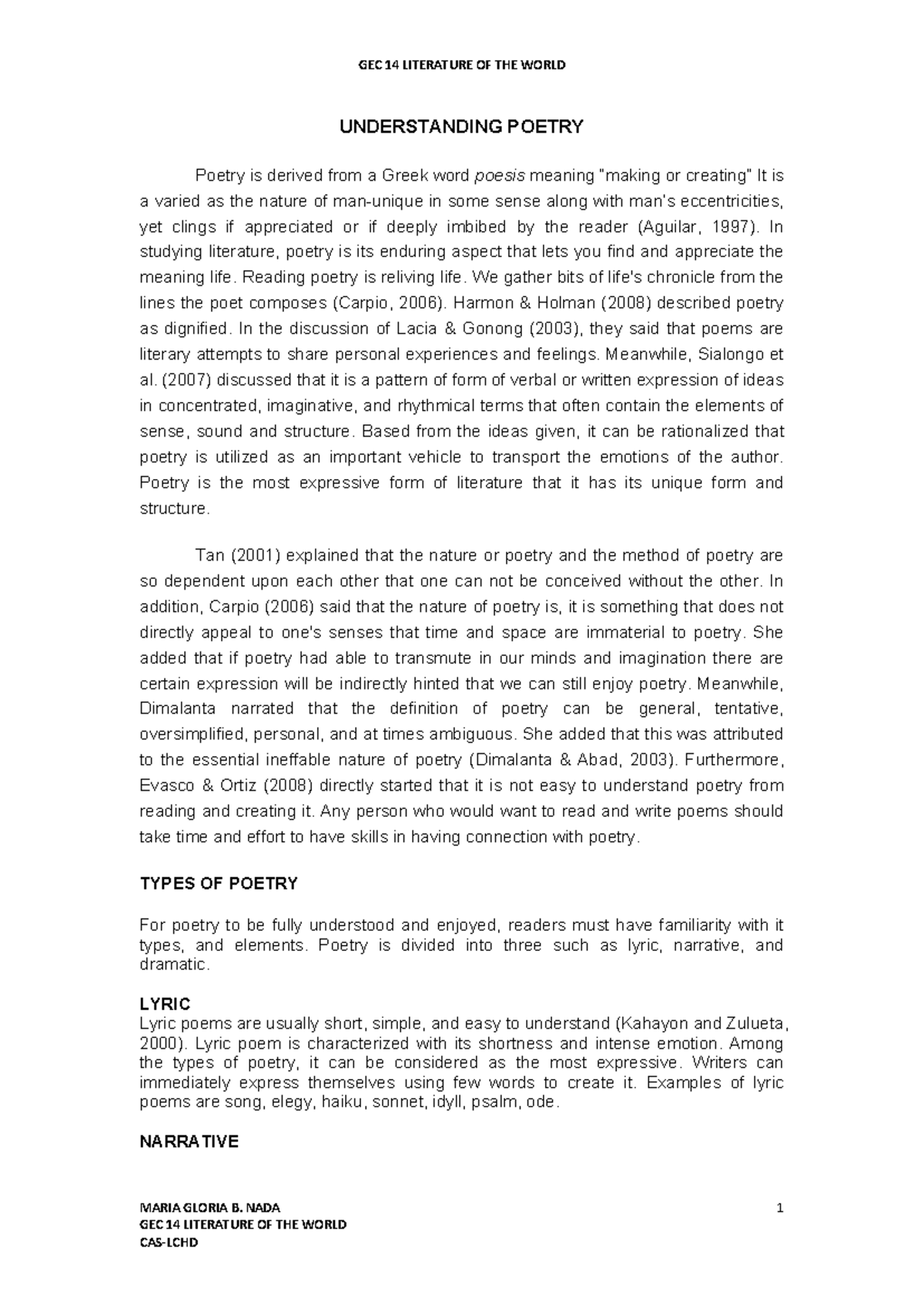 GEC 14 LITERATURE OF THE WORLD: Exploring the Essence of Poetry - Studocu