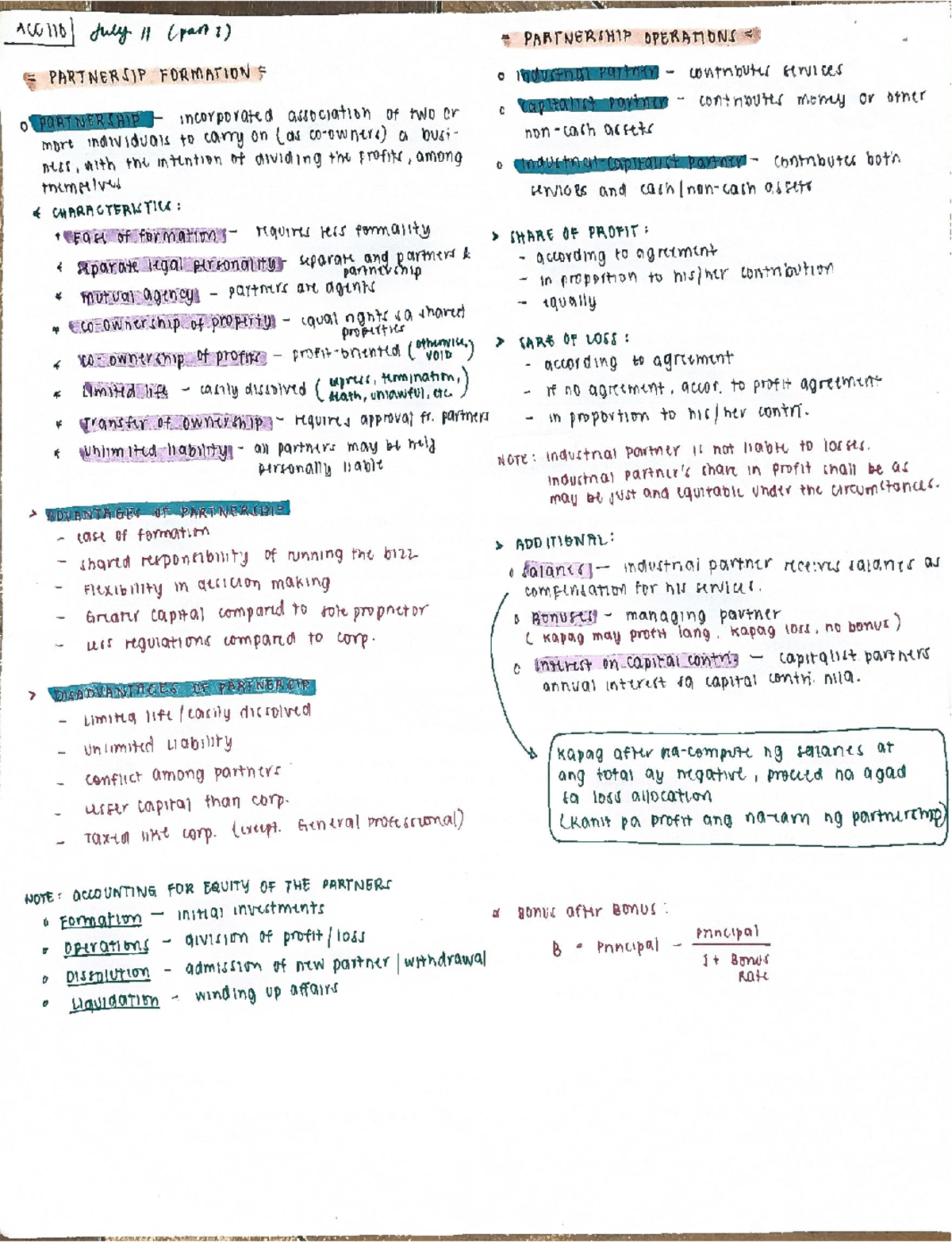 ACC 110 Partnership Formation & Operations Notes - July 11 - Studocu