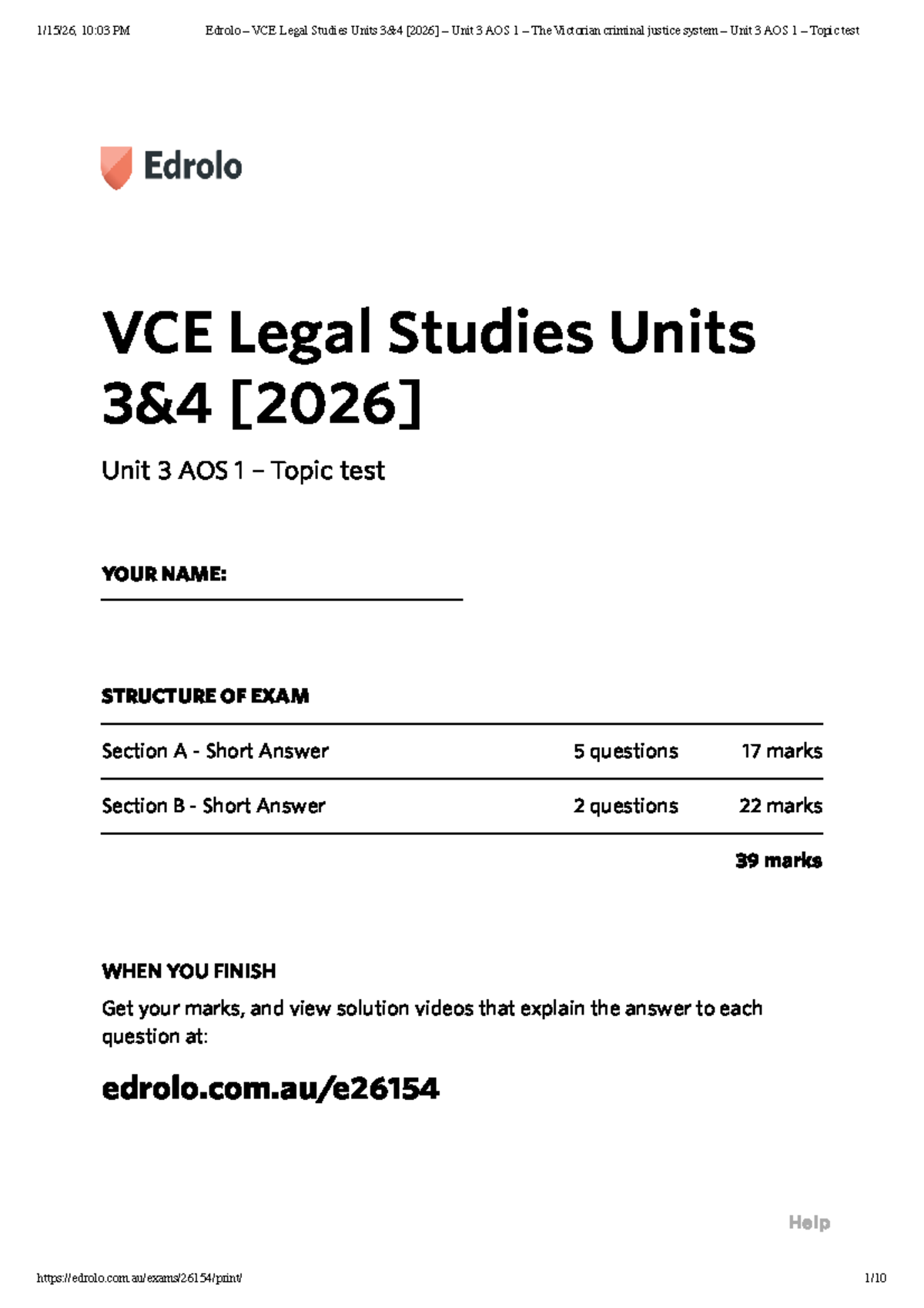 VCE Legal Studies Unit 3 AOS 1: Practice SAC on Victorian Criminal ...