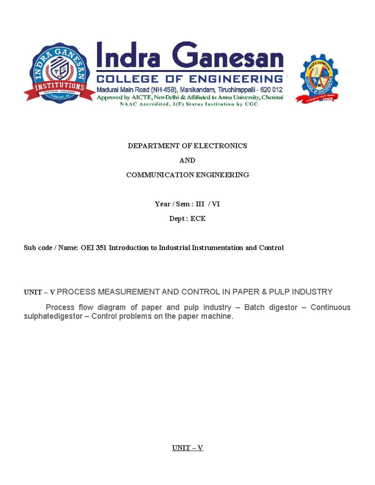 Unit V: Process Measurement & Control in Paper Pulp Industry (OEI 351 ...