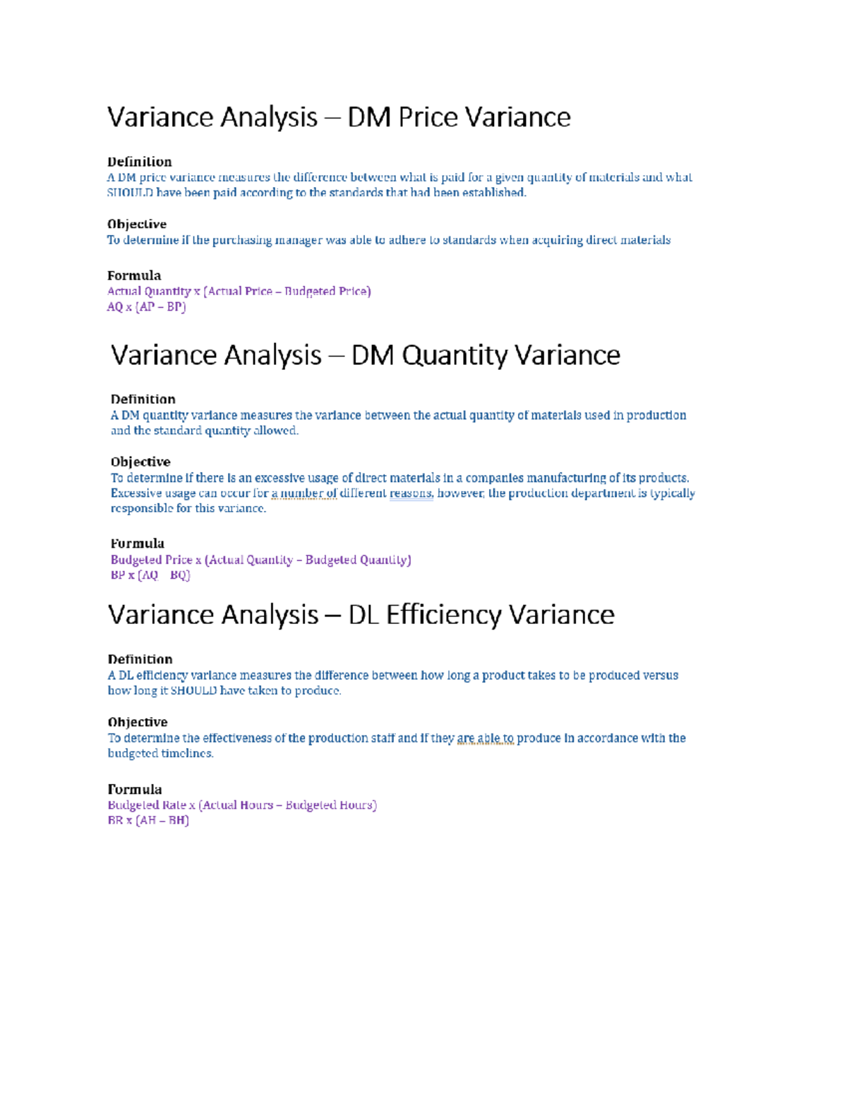 Variance Analysis Notes: DM Price & Quantity, DL Efficiency Variance ...