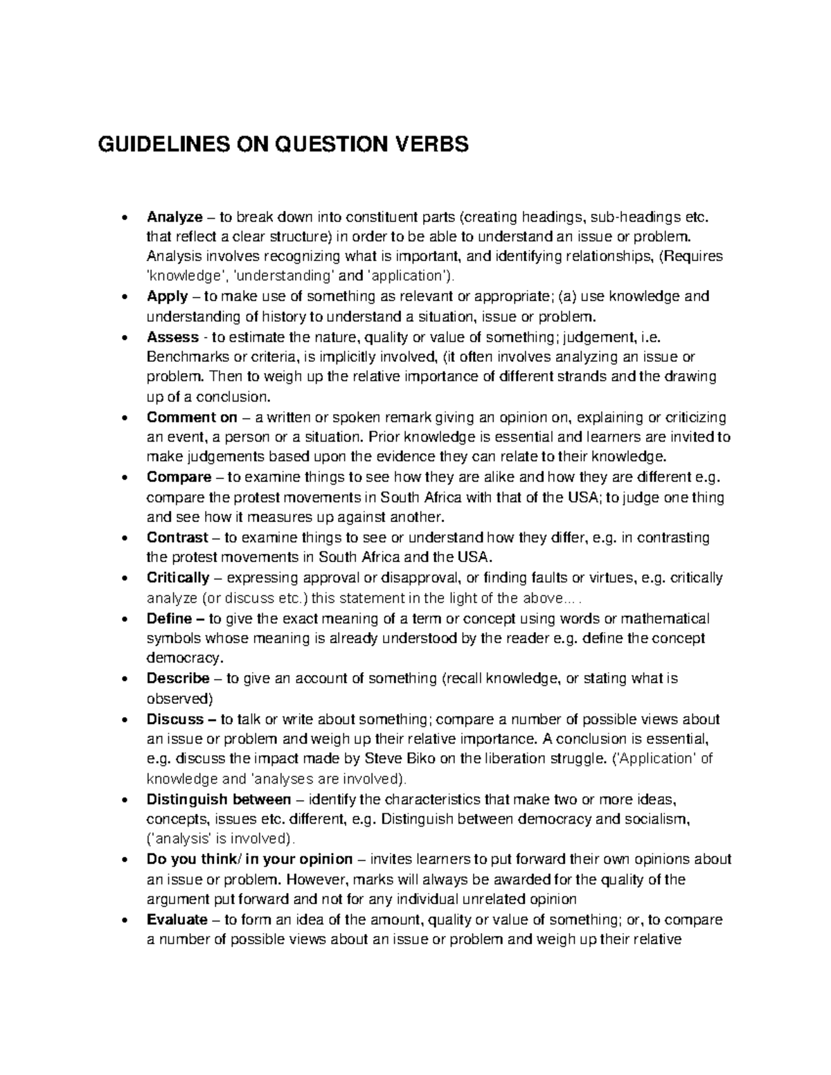 Guidelines ON Question Verbs - GUIDELINES ON QUESTION VERBS Analyze ...