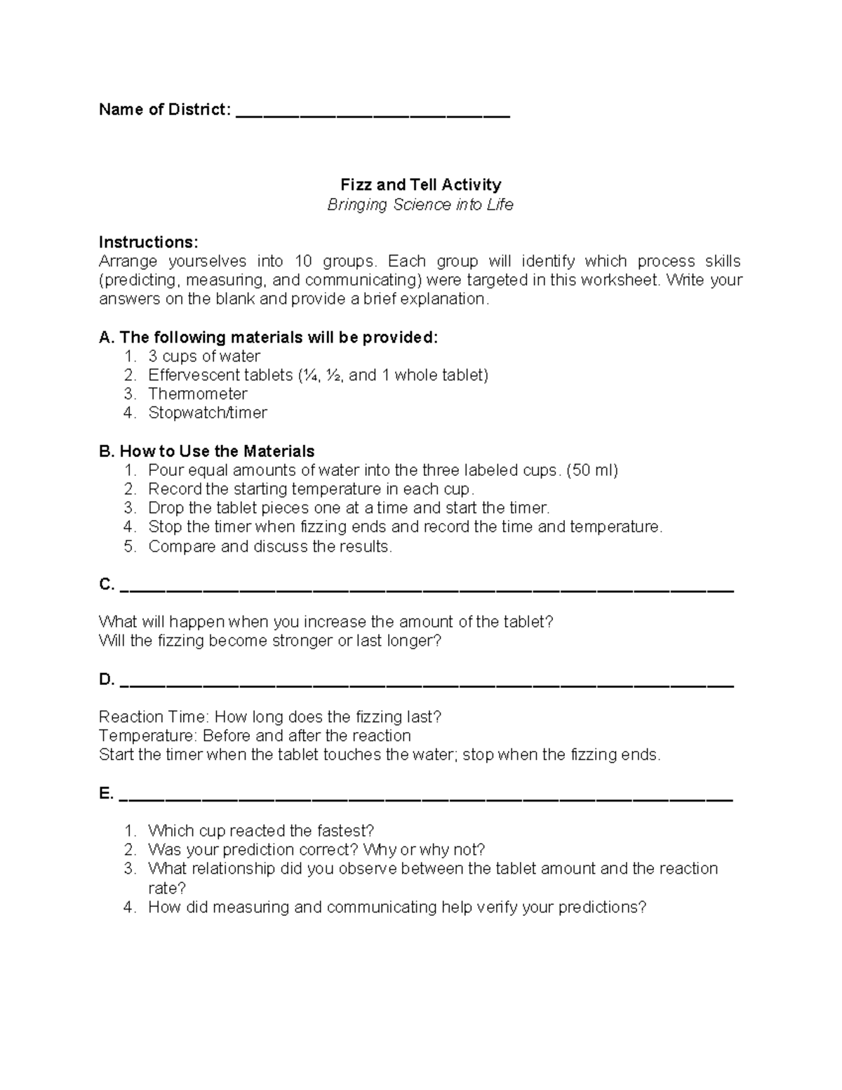 Fizz and Tell Activity: Final Worksheet for Science Skills - Studocu