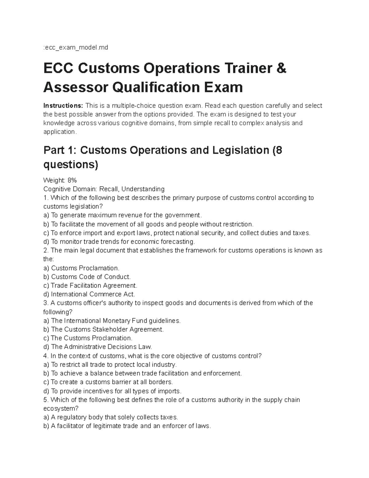 ECC Customs Operations Trainer Assessor Qualification Exam Questions ...