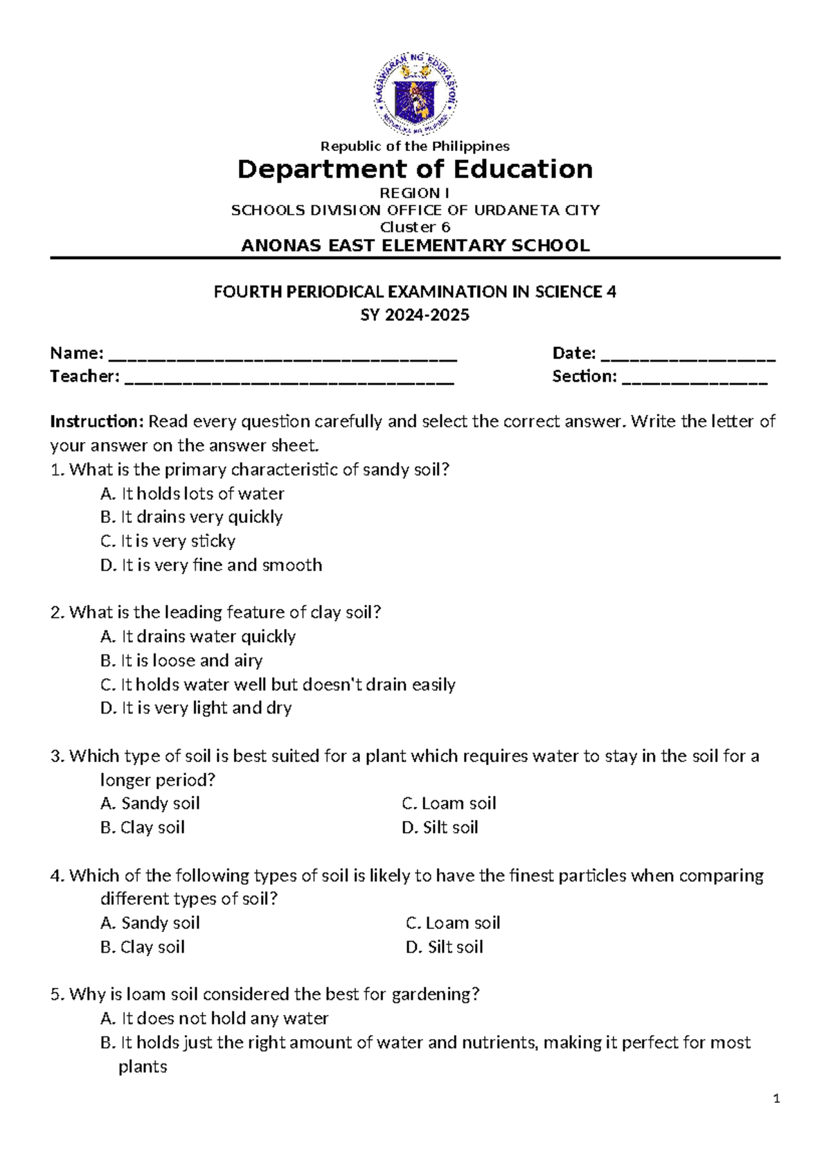 Science 4 fourth periodical examination in science 4 - Studocu