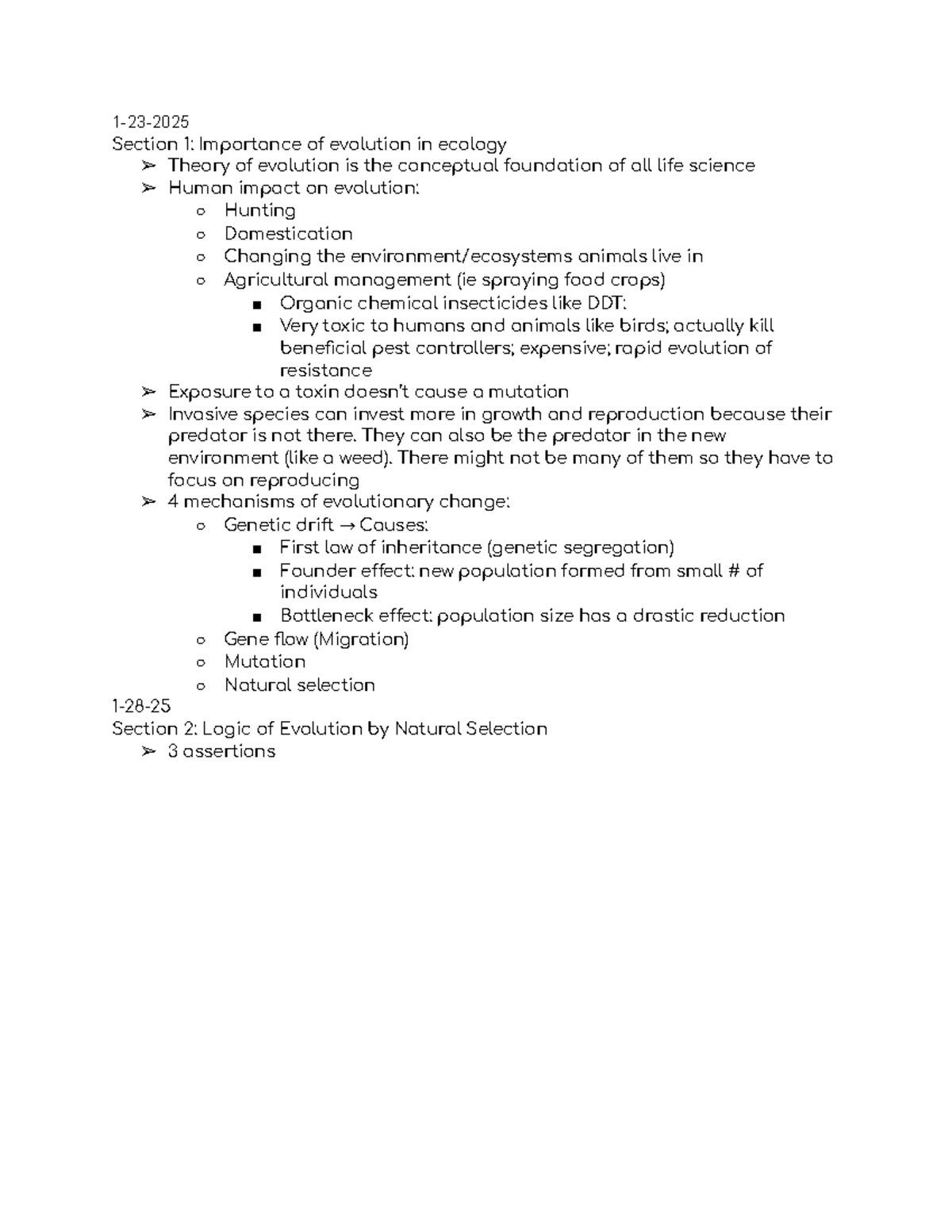 BIO 250 notes - 1-23- Section 1: Importance of evolution in ecology ...