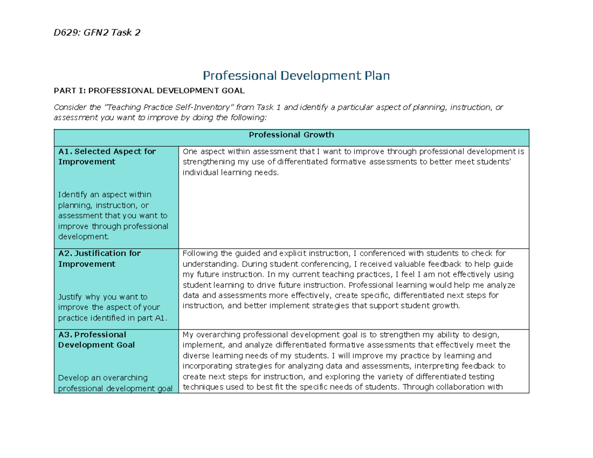D629: GFN2 Task 2 Professional Development Plan for Assessment ...