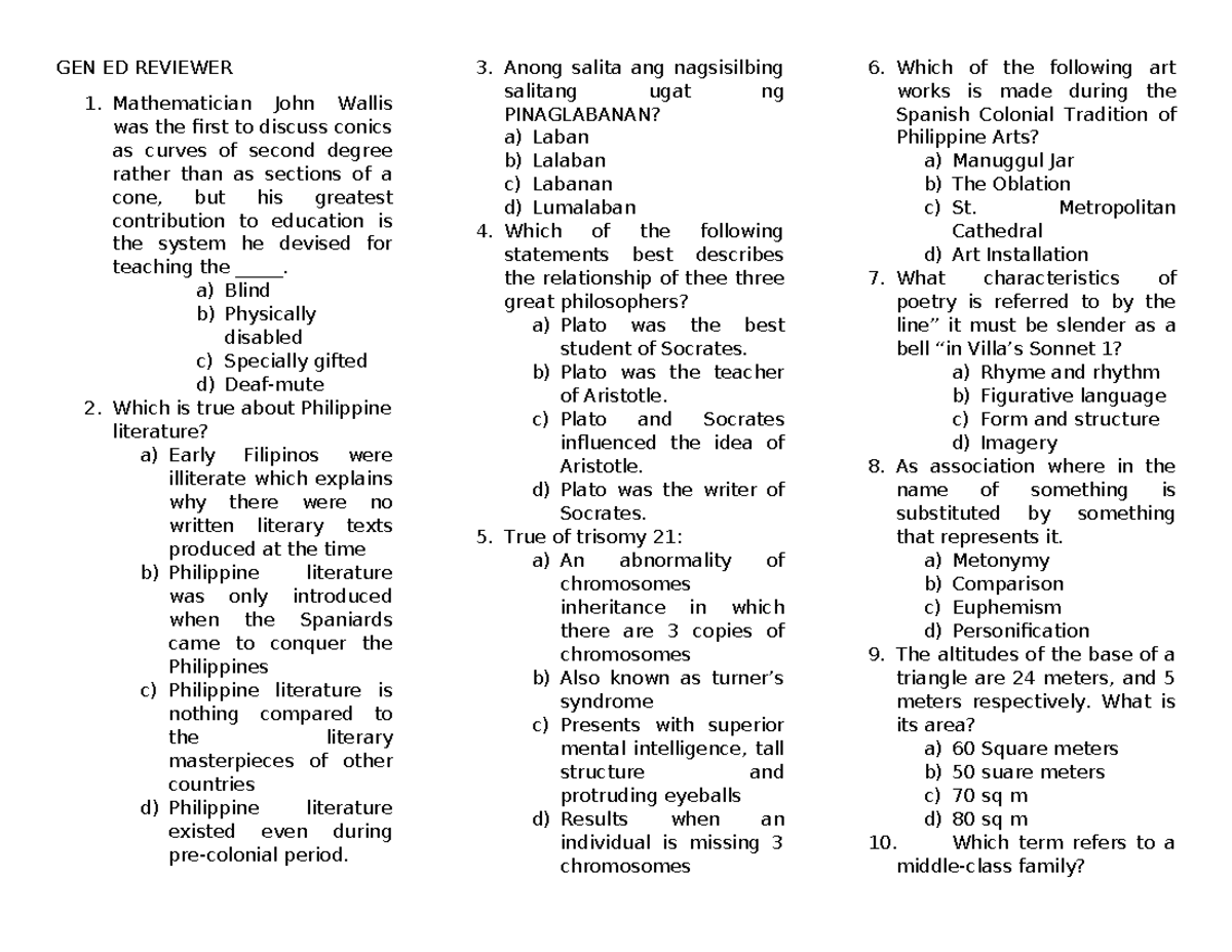 GEN ED Final Exam Reviewer: 300 Essential Items for Study - Studocu