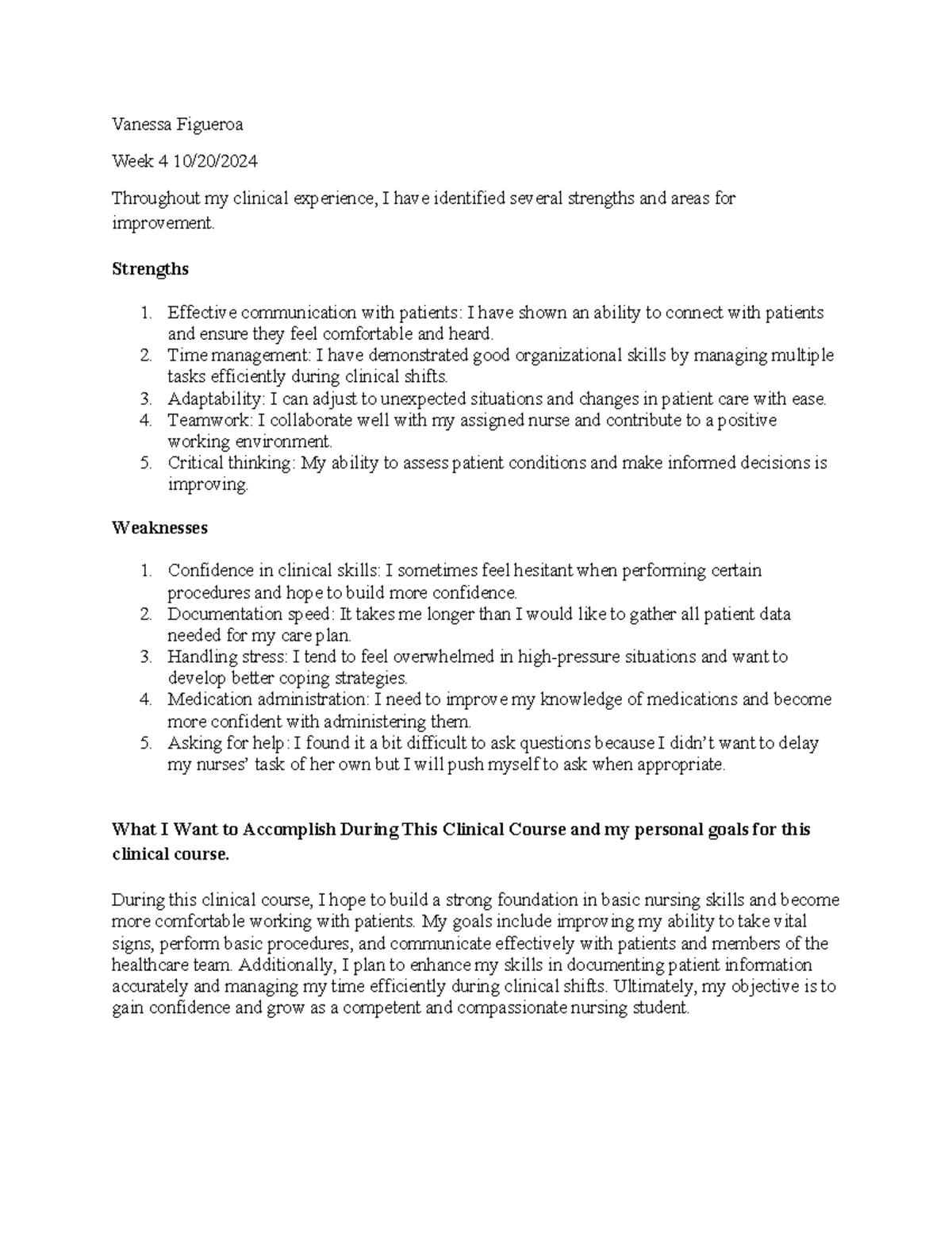 NURS 101 Week 4 Clinical Reflection: Strengths and Areas for Growth ...