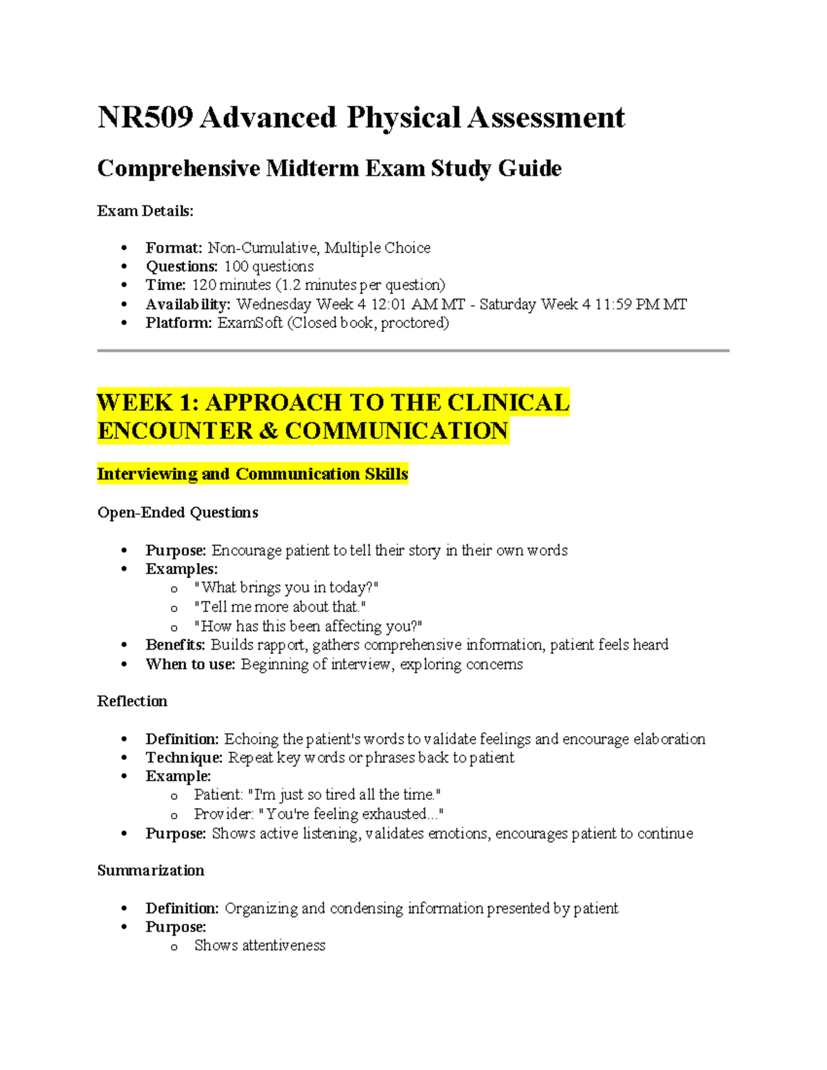 NR509 Advanced Physical Assessment Midterm Exam Study Guide - Studocu