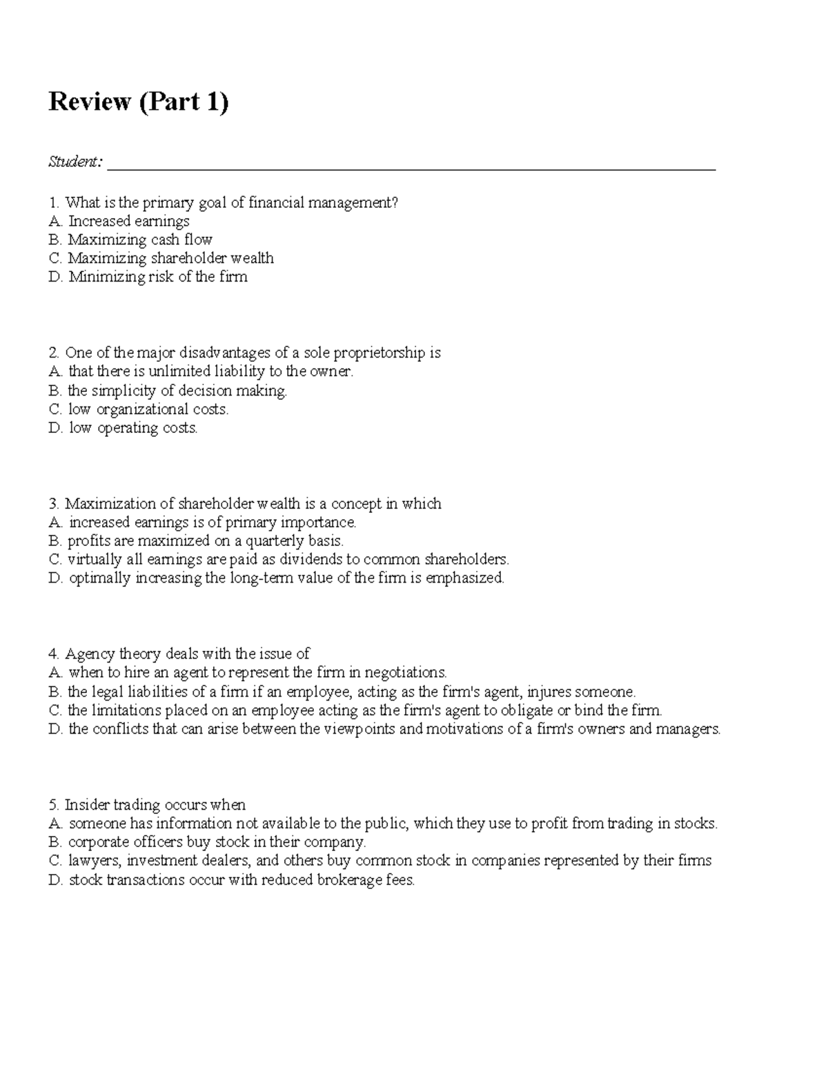 Midterm Review, Pt 1 - Summary Finance - Review (Part 1) Student: - Studocu