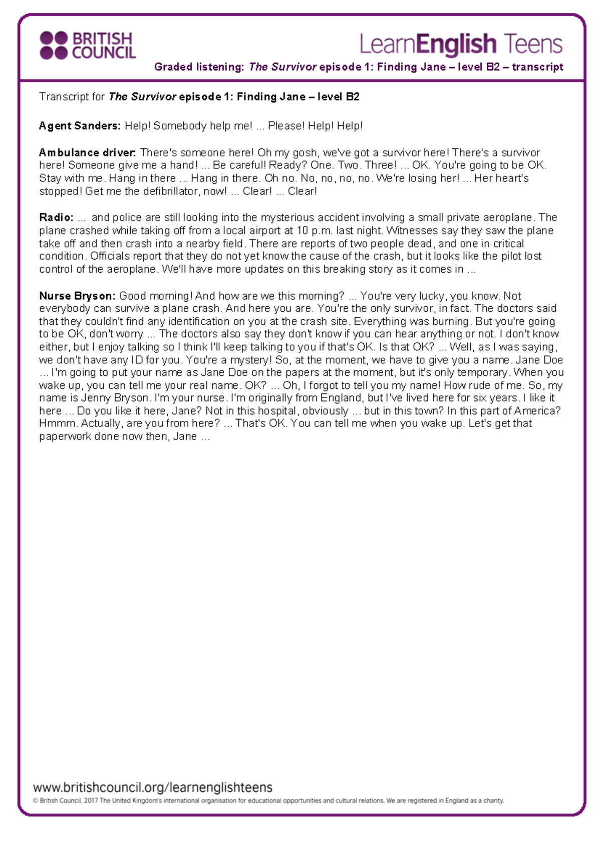 The Survivor Episode 1: Finding Jane - B2 Level Transcript - Studocu