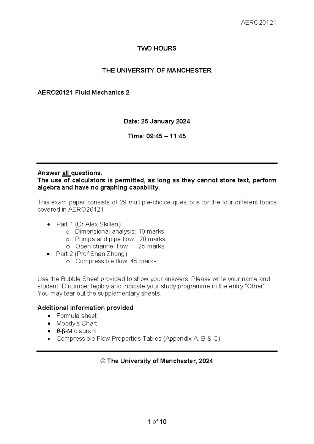AERO20121 Fluid Mechanics 2 Exam Paper 2024 - Final Exam - Studocu