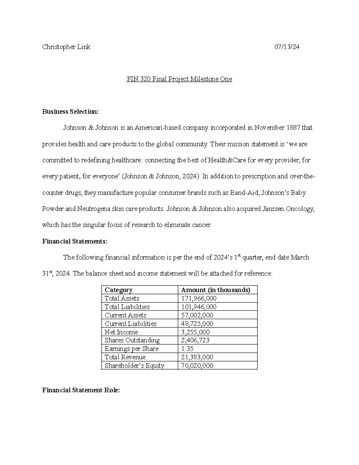 FIN 320 Final Project Milestone One: Business Analysis of Johnson ...