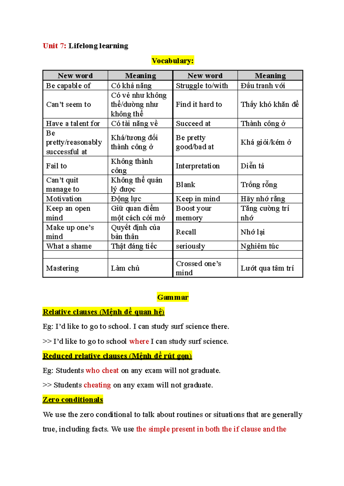 Unit 7: Lifelong Learning Vocabulary Notes (ENG 4) - Studocu