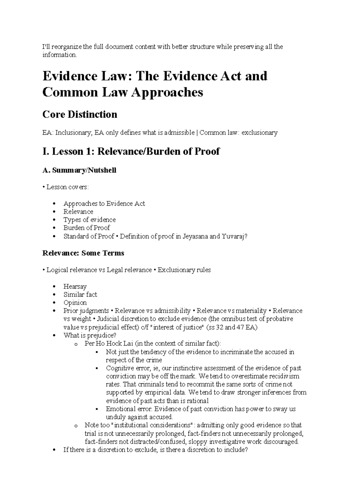 Evidence Law EA: Relevance/Burden of Proof Notes Summary - Studocu