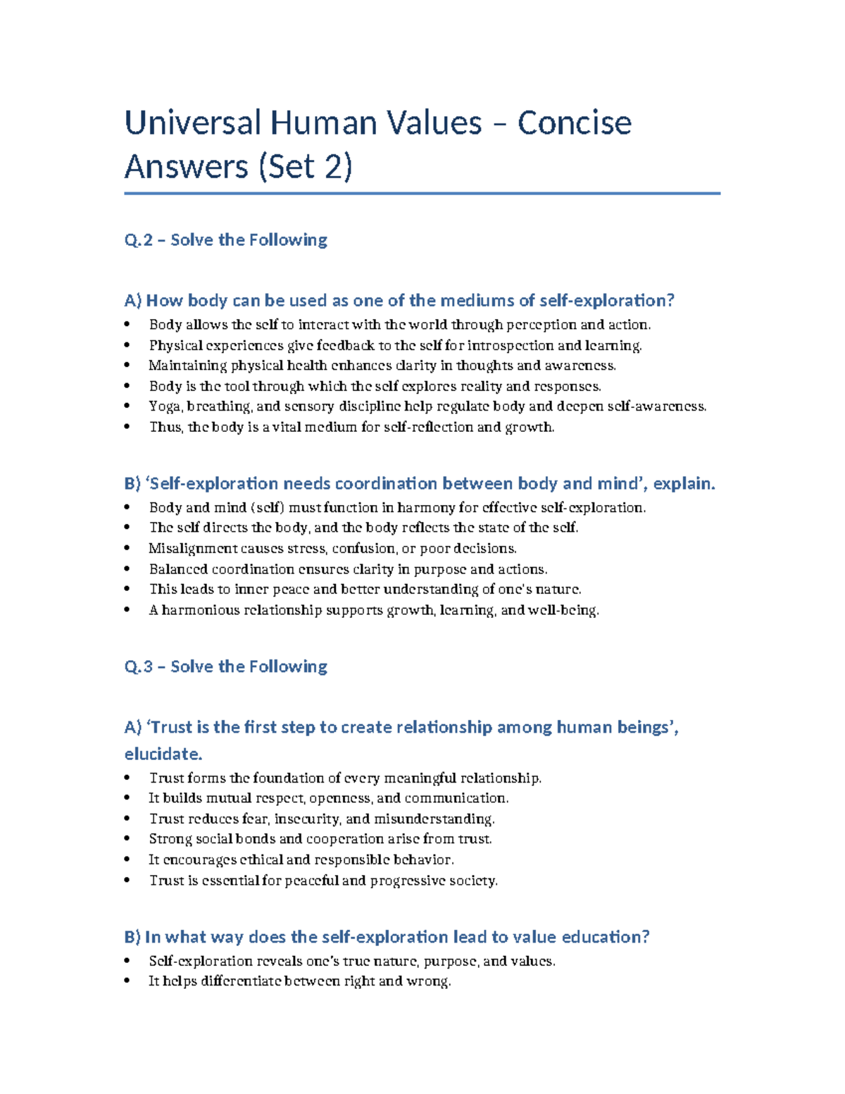 UHV 2: Concise Answers to Universal Human Values Questions - Studocu