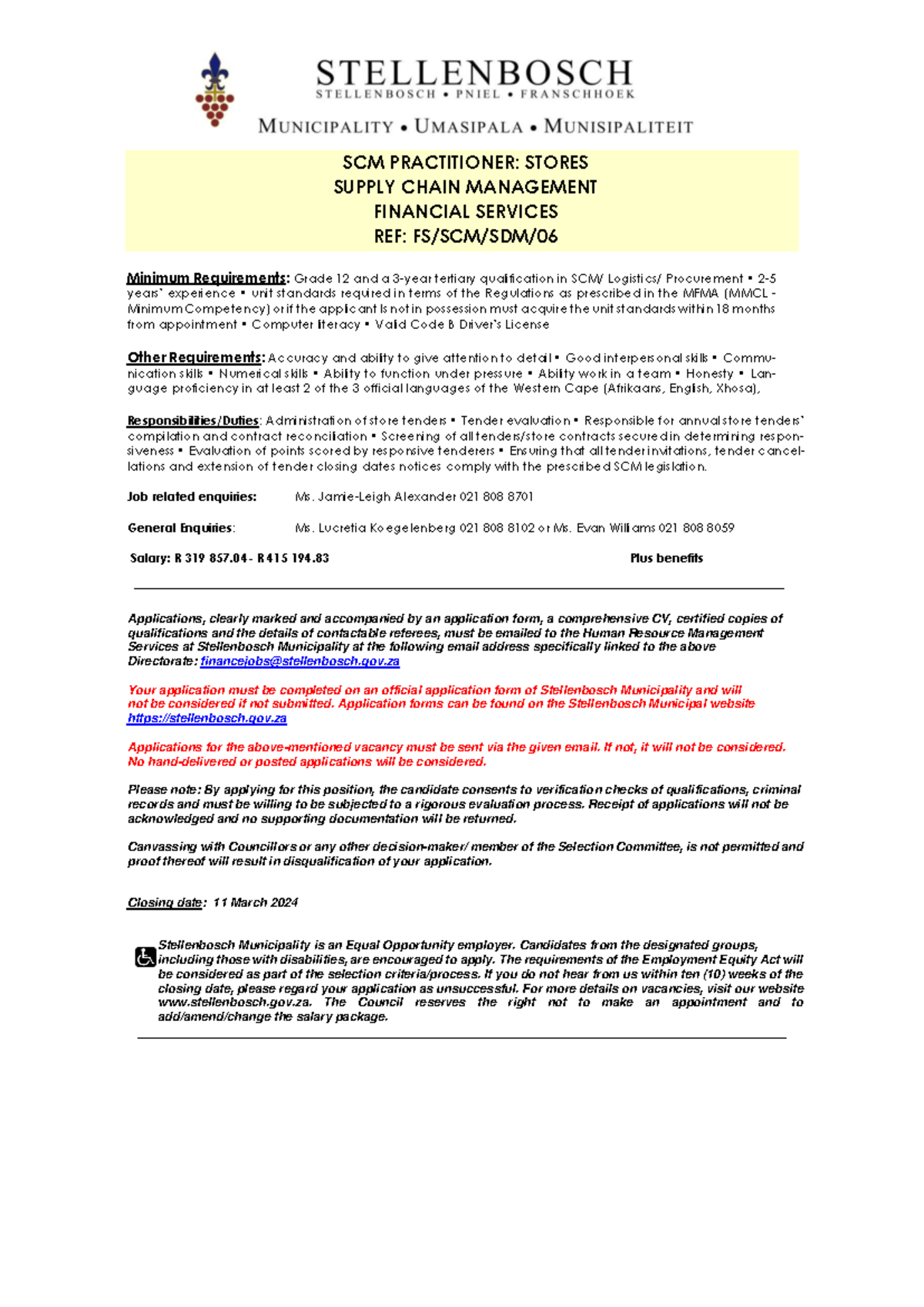 SCM Practitioner: Stores Position - Stellenbosch Municipality - Studocu