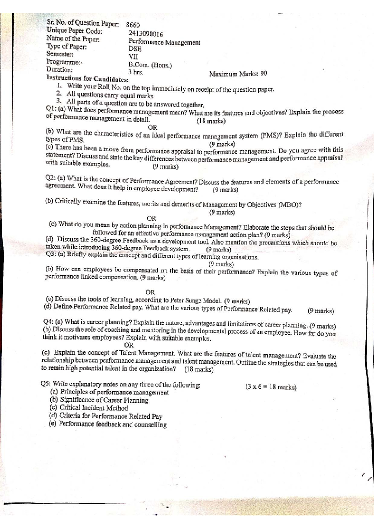 Performance Management DSE VII: Comprehensive Question Paper 8660 - Studocu