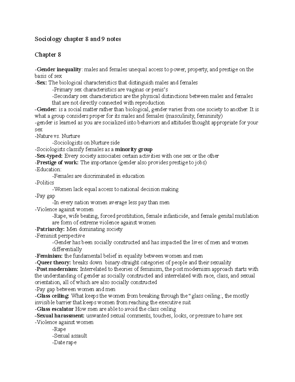 SY101 Sociology Chapter 8 & 9: Gender and Race Notes - Studocu