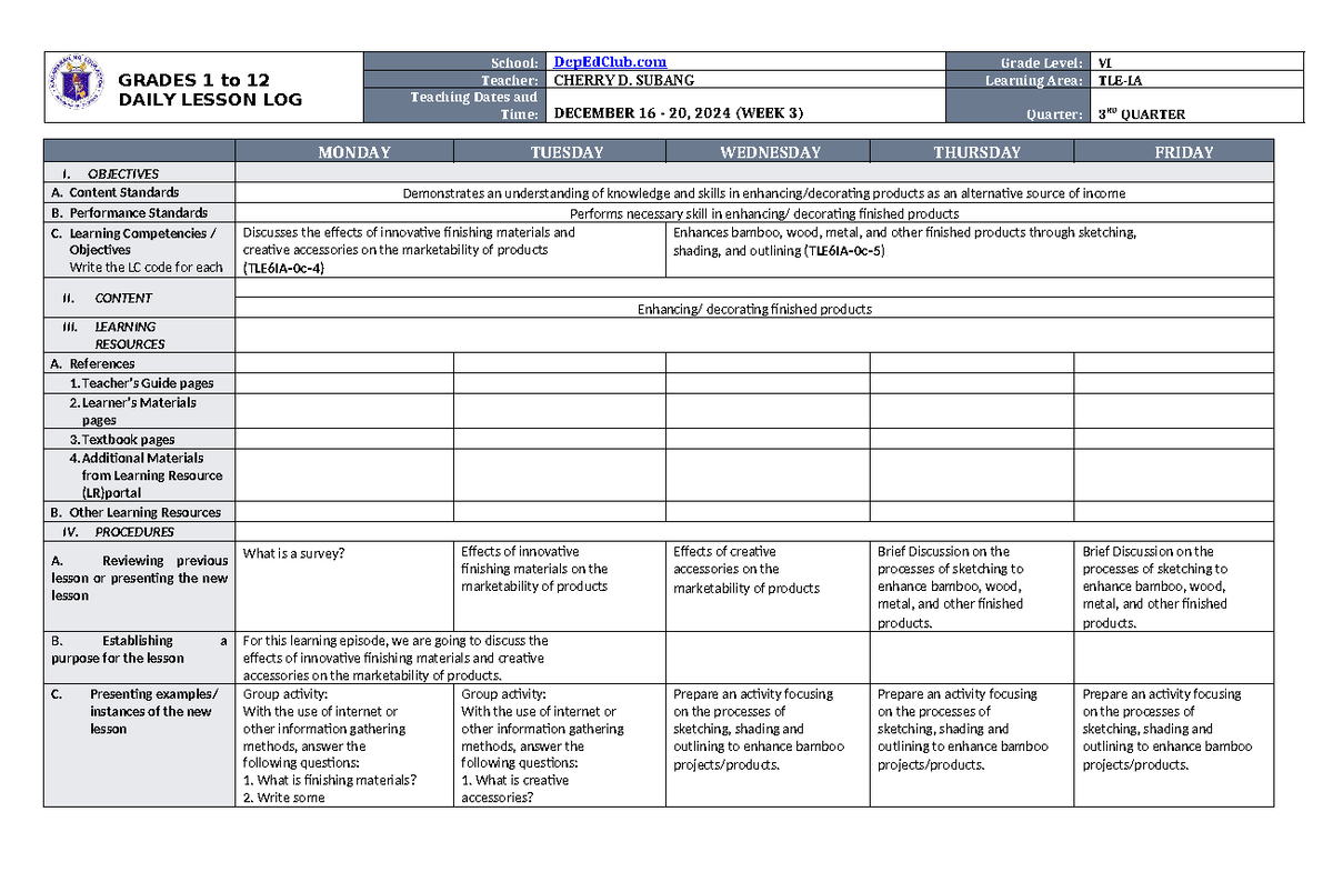 DLL TLE-IA 6 Q3 W3 - lecture - GRADES 1 to 12 DAILY LESSON LOG School ...