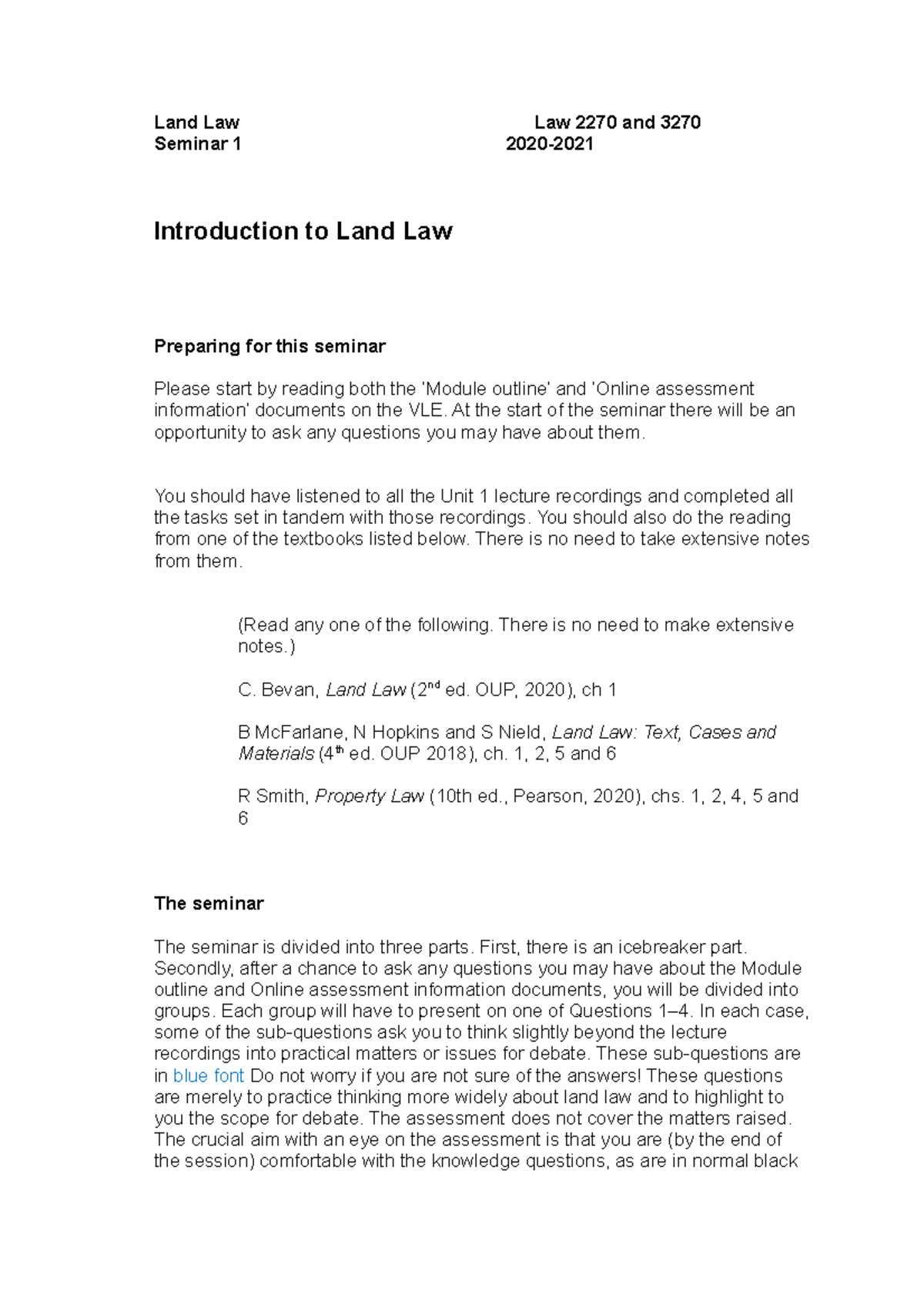 All land law seminars - Land Law Law 2270 and 3270 Seminar 1 2020 ...