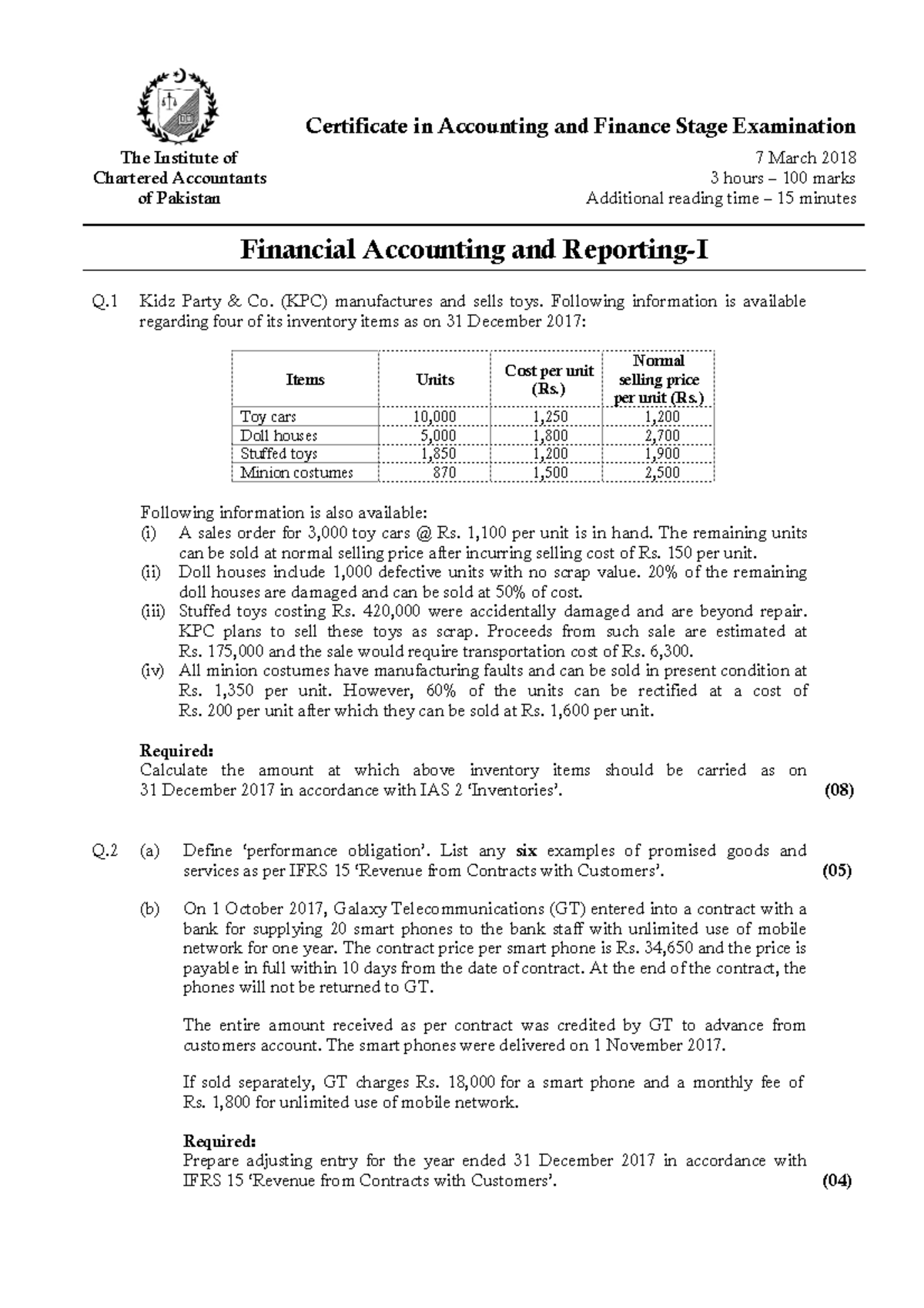 CAF 1 FAR1 Spring 2018 - Financial Accounting Past Exam Paper - Studocu