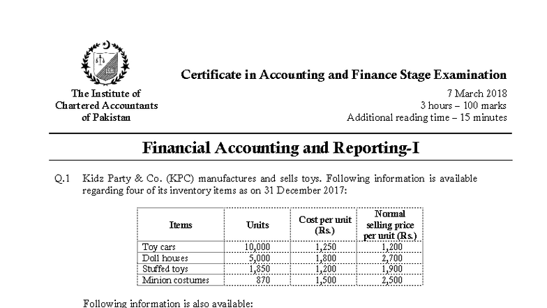 CAF 1 FAR1 Spring 2018 - Financial Accounting Past Exam Paper - Studocu
