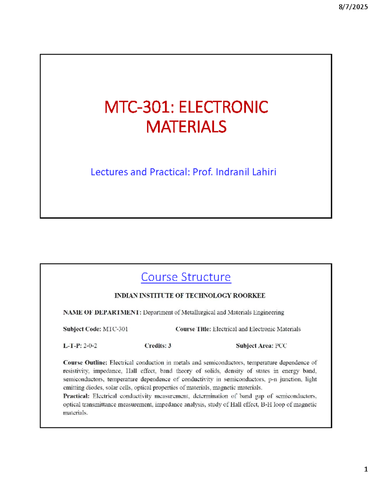 ELECTRONIC MATERIALS (EMT101) Lecture & Practical Course Overview - Studocu