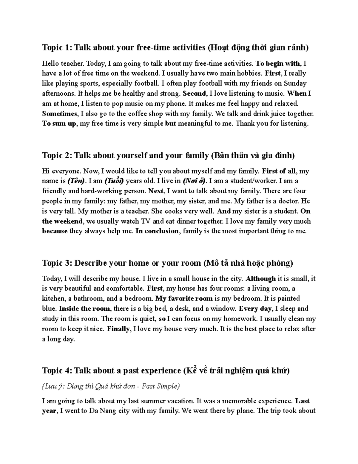 Chị Thủy 6 Topic: My Activities, Family, Home, and Past Experiences ...