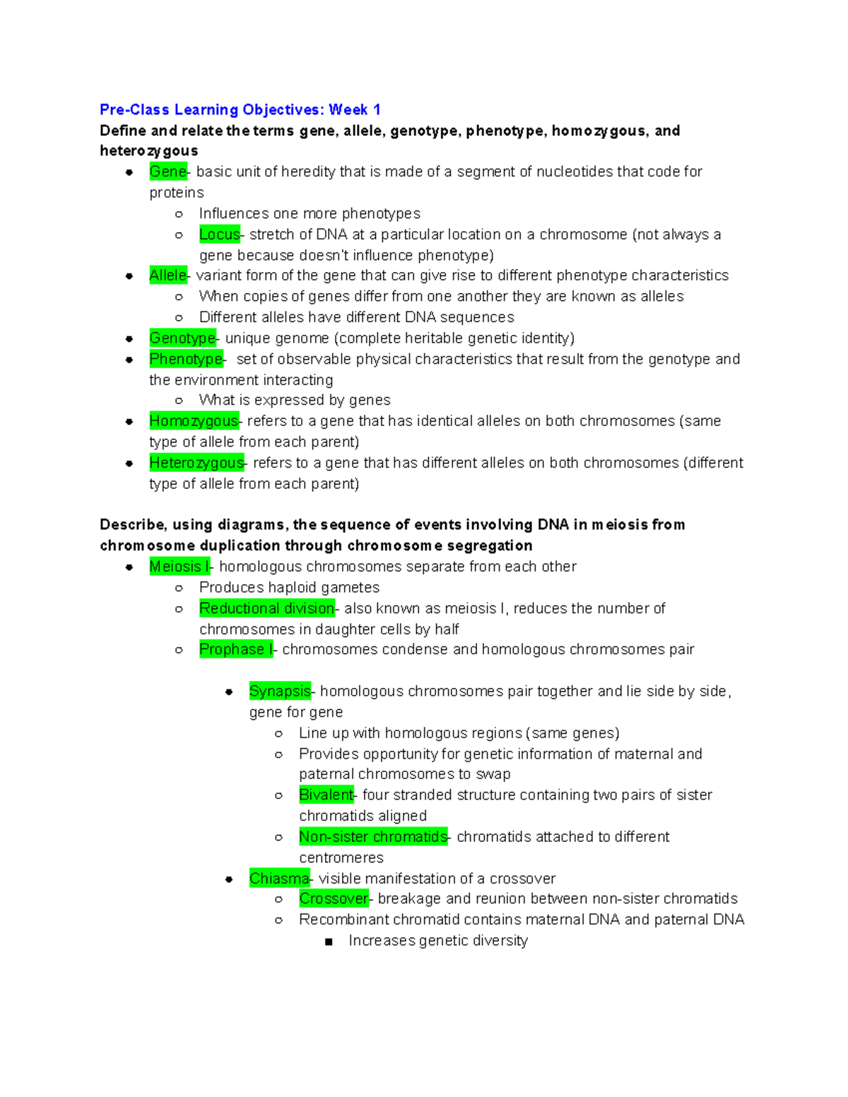 LS7B Week 1 Lecture Notes on Genetics and Meiosis Concepts - Studocu