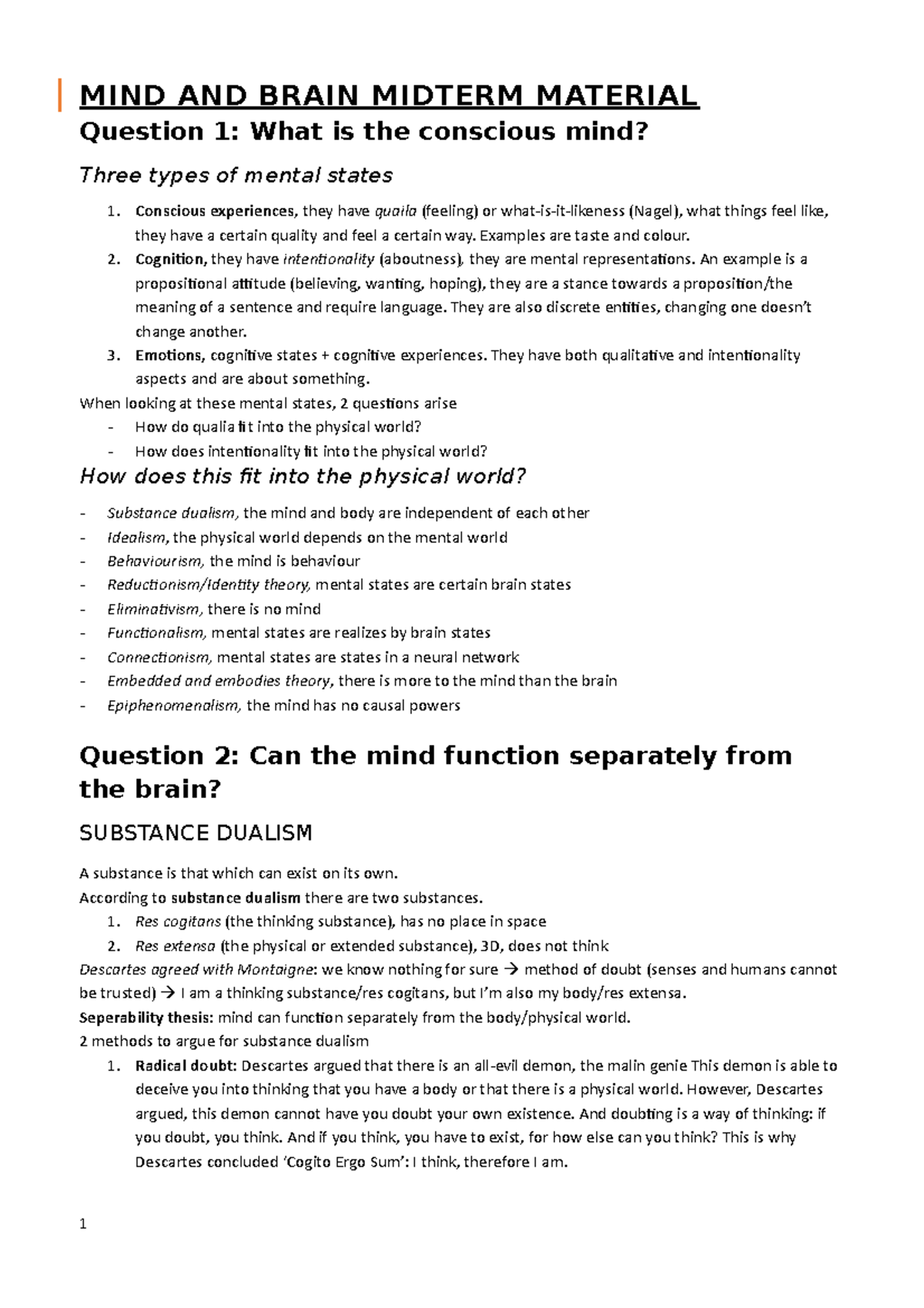 Mind and Brain PHI2018: Midterm Exam Study Guide on Consciousness ...