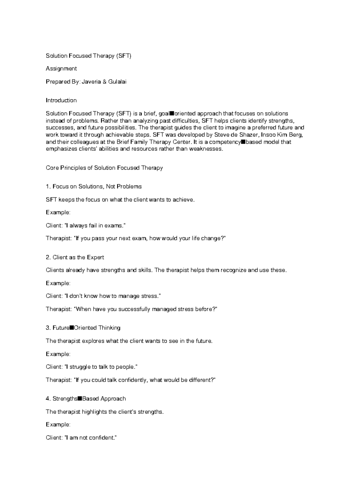 SFT Assignment: Exploring Solution Focused Therapy Principles - Studocu