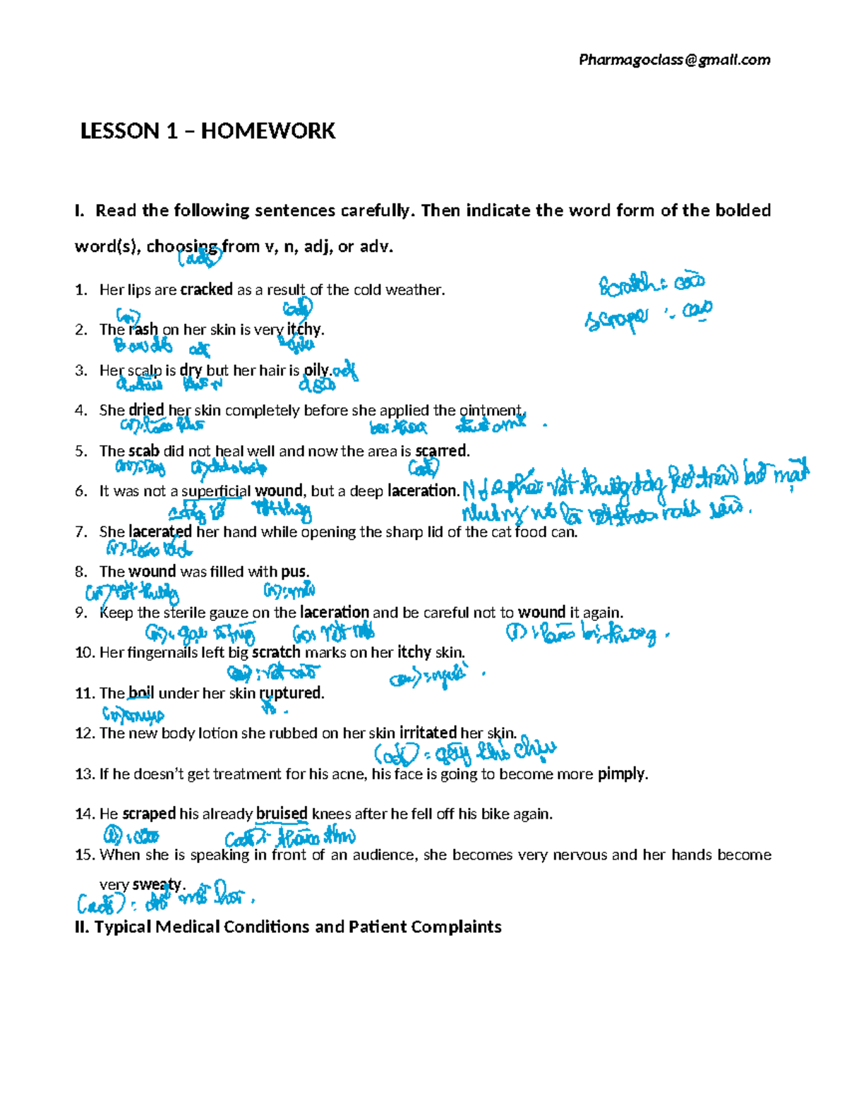 Lesson 1 Homework: Word Forms and Medical Vocabulary Exercises - Studocu