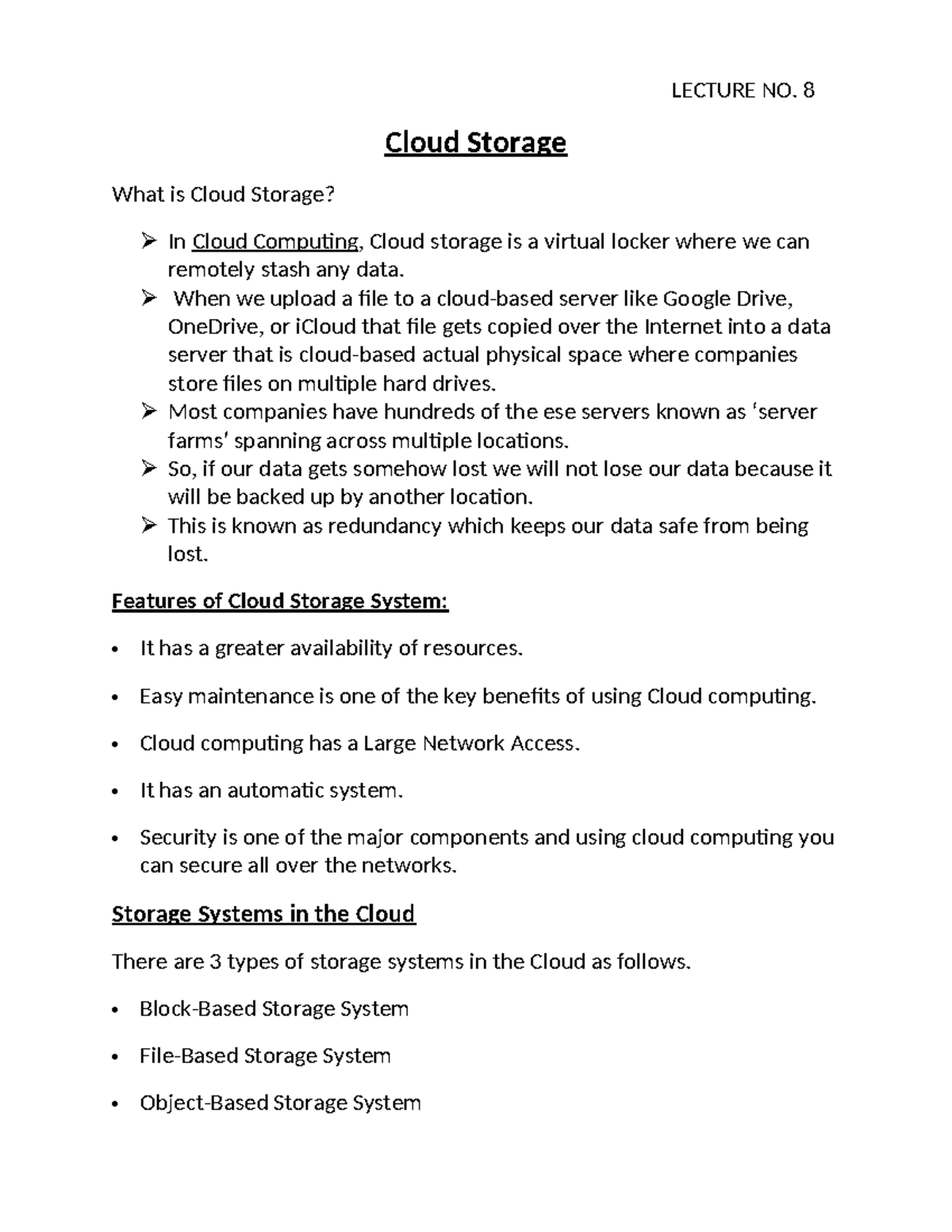 Unit-2 L8: Lecture Notes on Cloud Storage Fundamentals - Studocu