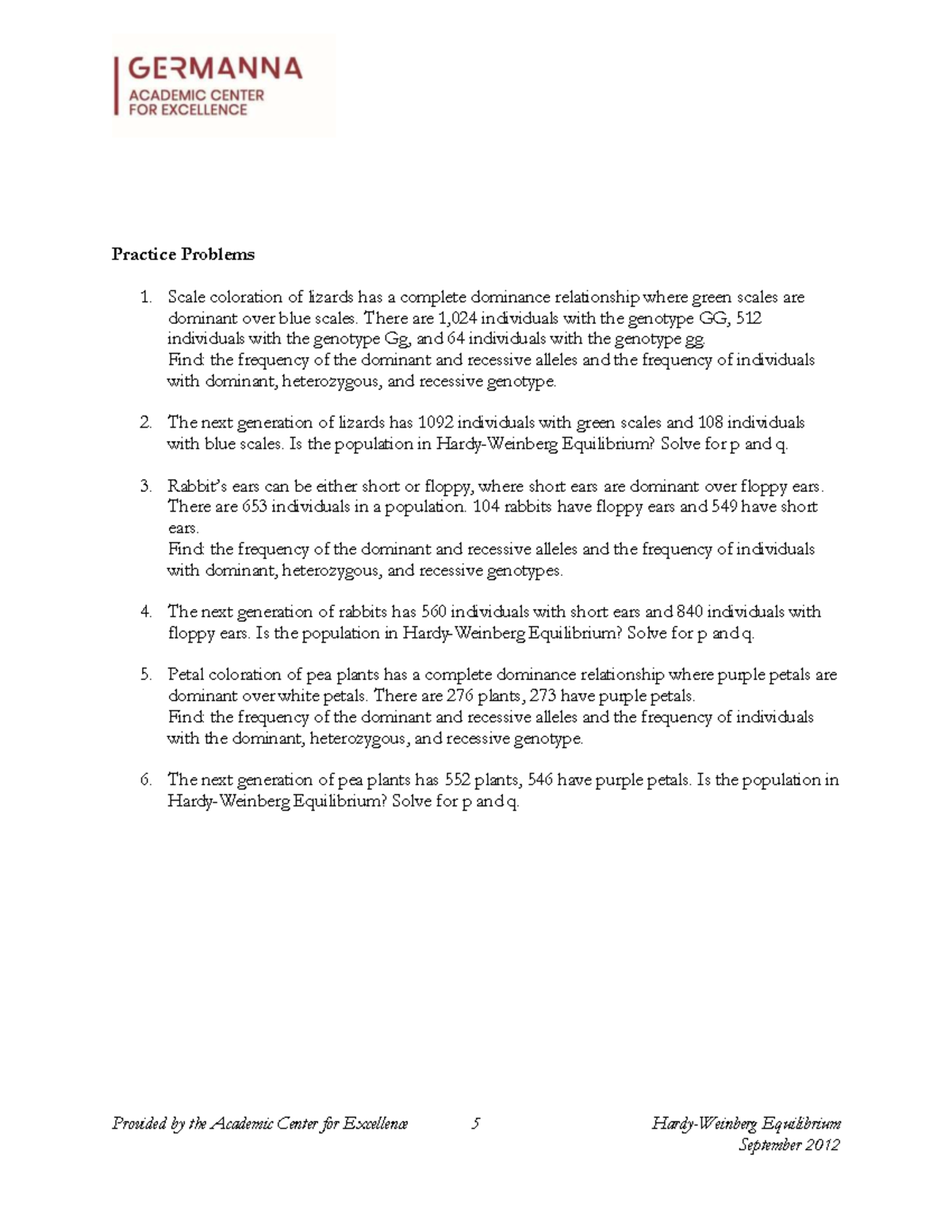 Hardy-Weinberg Equilibrium Extra Practice Problems (BIO 101) - Studocu
