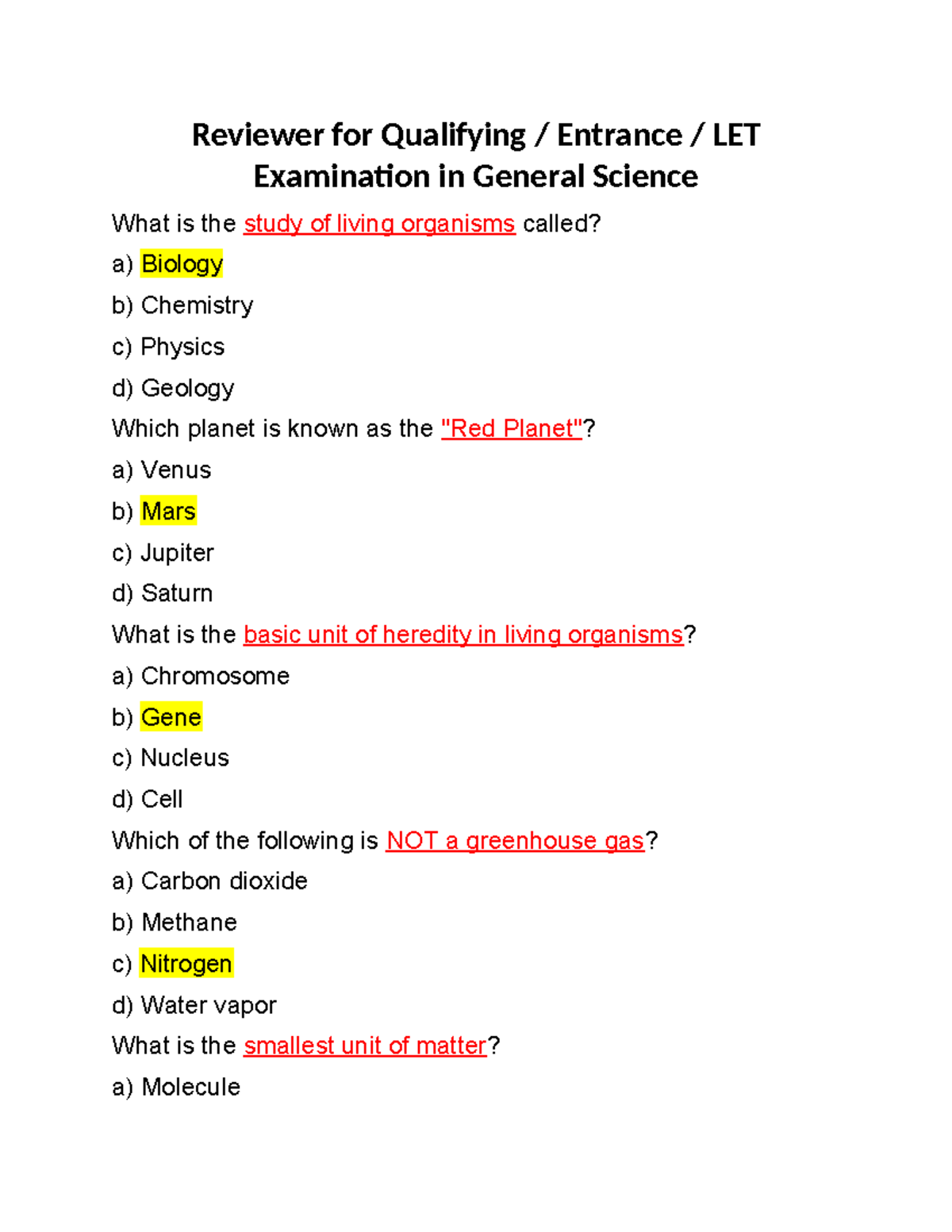 General Science Reviewer for LET Qualifying Exam Questions - Studocu