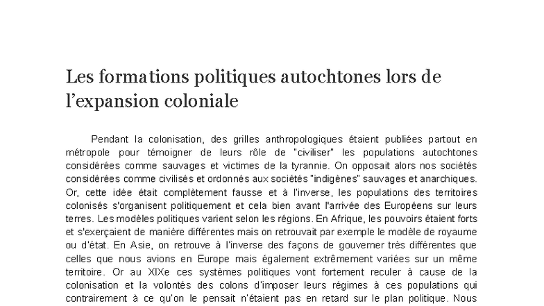 Les formations politiques autochtones pendant la colonisation : Une ...